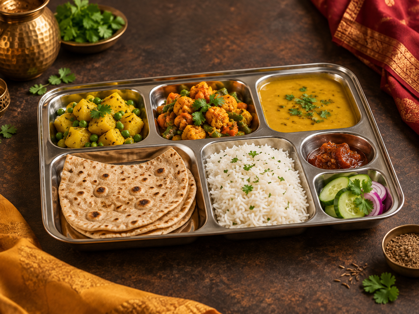 Fresh vegetarian homestyle tiffin with subzis, roti and rice
